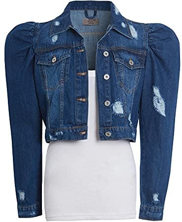 SS7 Womens Puff Sleeve Denim Jacket with Distressed Detail Indigo