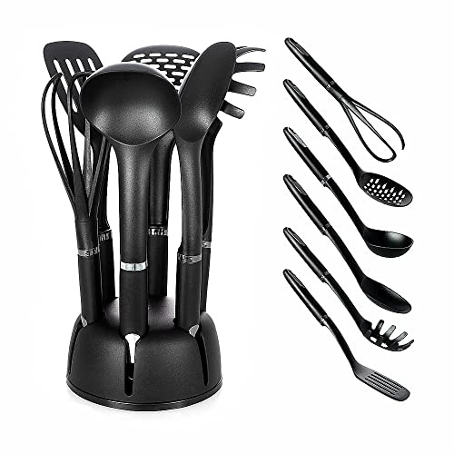 BEM Küchenhelfer 6-tlg. Set mit drehbarem Standhalter | Küchenutensilien, Kochlöffelset, Pfannenwender, Suppenkelle, Nudellöffel, Schaumlöffel, Schneebesen, Servierlöffel