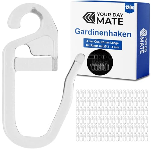 Vorhanghaken für Gardinen Ringe, 120 Stück, mit Ø 4 mm Öse, für Gardinenringe mit 3 bis 4 mm, in Transparent, Gardinenringe Haken zum Einhängen, Faltenlegehaken für Vorhangringe, Vorhang Haken Clip