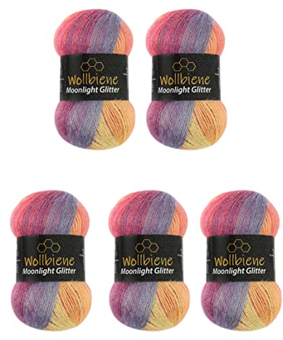Moonlight Glitter Batik Simli 5 x 100g Strickwolle 500 Gramm Wolle zum Stricken und Häkeln 20% Wolle Metallic-Wolle türkische Wolle Farbverlaufswolle Glitzerwolle (3000 regenbogen pastell)
