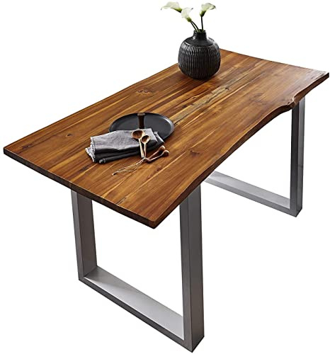 SAM Esstisch Esra 140x80 cm Akazie Cognac Baumkante Metallgestell Silber | Baumkantentisch massiv, Akazienholz cognacfarben, 26 mm Baumkantenplatte, Esszimmertisch