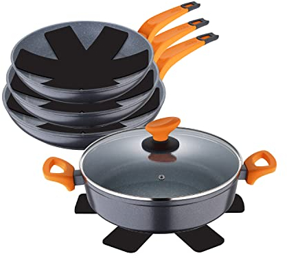 SAN IGNACIO Lava | Batería de Cocina de 5 Piezas y Protectores | Juego de Cocina con 3 Sartenes de 20, 24 y 28cm de Diámetro y 1 Cacerola de 28cm con Tapa | Antiadherentes | Para Todo Tipo de Cocinas