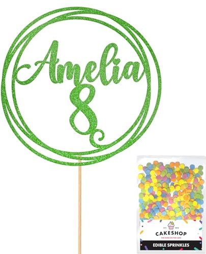 Personalised Round Happy Birthday Glitter Cake Topper - Green Any Custom Age & Name Glitter Cake Decoration and Sprinkles - Happy Birthday Decorations - Personalised Toppers for Cakes by Cakeshop
