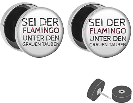 Treuheld® Fake Plug Sei der Flamingo - witziger Spruch Ohrstecker - für Frauen und Männer
