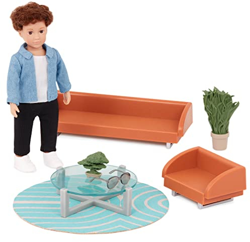 Lori – Kleine Puppe & Puppenhaus Möbel, 15 cm Mini Puppe Junge & Puppenmöbel – Puppenzubehör & Puppenkleidung – Sofa, Tisch, Teppich, Pflanze – Spielzeug für Kinder ab 3 Jahren – Miguels Lounge