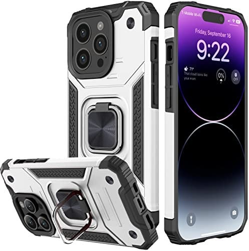 Honeyview ShockProof Case for iPhone 14 Pro 5G with Ring Kickstand, Bumper Armour Phone Cover for Apple iPhone 14 Pro 5G - Silver White