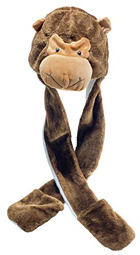 YLfly Plüsch Tier Mütze 3 in 1 Beanie mit langem Schal Fäustling Combo Full Pockets Ohr Cap Hoodie Handschuhe Weihnachten Halloween Party Kostüm, affe, M