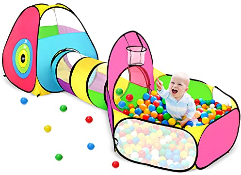 Piscine à balles 3 en 1 pour Tout-Petits avec Tente de Jeu et Tunnel pour bébé, Maison de Jeu pour intérieur et extérieur (Fosse à balles 3 en 1 colorée pour Enfants)