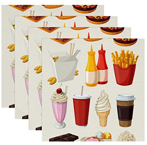 Stoff-Tischsets, waschbare Tischsets für Esstisch, 4er-Set,Hamburger Hot Dog Fries Ice Cream Donut Switches