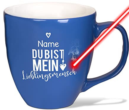 PR Print Royal XXL Jumbotasse graviert mit Name und Spruch - Lieblingsmensch - Hochwertige Porzellan-Tasse mit Gravur, hochglänzende Oberfläche, Geschenk für Mama | Pacific Blue, 400 ml