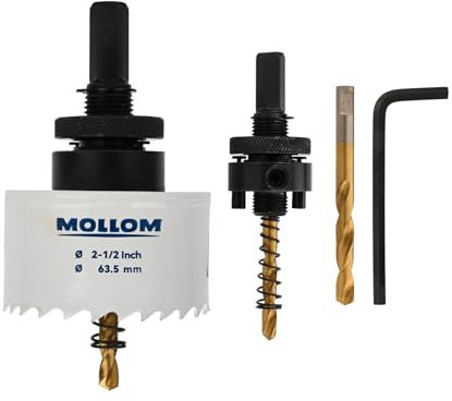 Mollom (63.5mm | 2-1/2) HSS M42 with 8% cobalt BI-Metal Hole Saw with 2 Pilot Drill Bits & Arbor Smooth Cutting for PVC,Drywall,Wood,Plastic,Gypsum Board,Rubber
