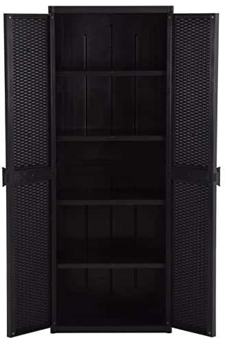 Keketa Gartenschrank Spindschrank Multifunktionsschrank mit 4 Ablagen Terrassenschrank Balkonschrank für innen und außen Schwarz 65x45x172 cm Rattan-Optik
