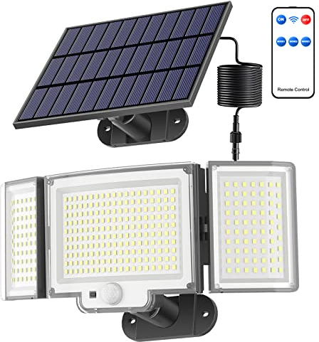 OKOUSE Focos LED Exterior Solares con Mando, Luz con Sensor de Movimiento, Súper Brillante Lamparas con 5M Cable de Extensión, IP65 Impermeable para Jardin