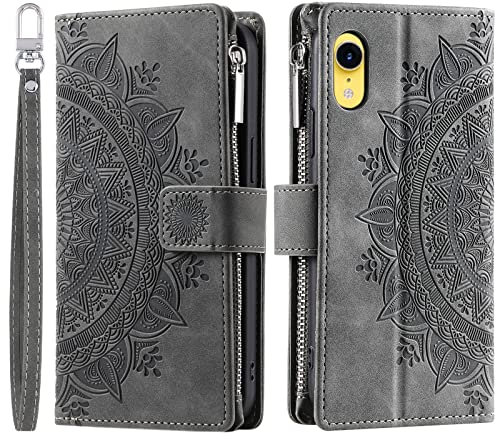 VEEMOS Wallet Case for iPhone XR Flower Flip Case Protective Leather Folio Book Phone Cover with Card Slots Kickstand Zipper Pocket - Grey