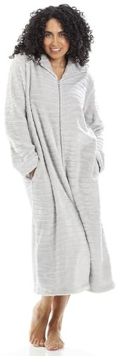 CAMILLE Vestaglia da casa in Pile Super Morbido da Donna - Accappatoio di Lusso con Cerniera - Maniche Lunghe e Tasche Laterali, Zebra Grigia, 42/44