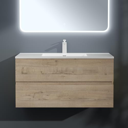 Mai & Mai Meuble sous Lavabo Chêne Blanc Clair Ensemble de Meubles de Salle de Bains 100x48x50cm Meuble Suspendu avec 2 Tiroirs Desgin AQU