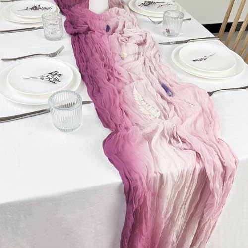 Simpeak 2 Stück Chiffon Tischläufer, Boho-Stil Batik-Plissee-Tischdecke, Lang Transluzent Tischflagge für Hochzeitsfeier Laube Dekoration Küche Urlaub Party, Rosa, 90*180cm