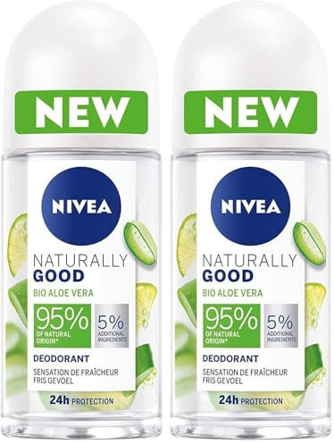 NIVEA NATURALLY GOOD Déodorant Femme Aloe Vera Bio Bille 50 ml, déodorant avec 95% d’ingrédients d’origine naturelle, roll-on fraîcheur 24h (Lot de 2)