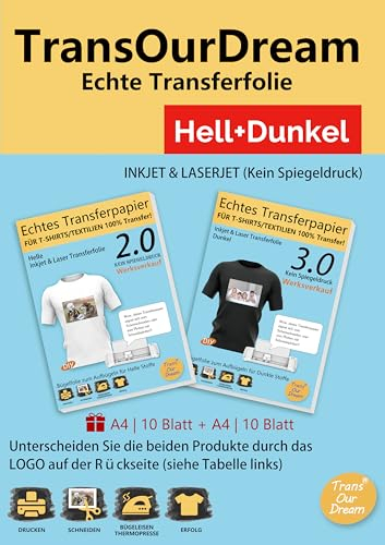 TransOurDream A4 (10+10) Blatt+2XA3 Silikonpapier,Echte Transferfolie Bügelfolie Hell+Dunkel Inkjet/Laser, T-Shirt Transferpapier (durchscheinend +Weiss Folie), für helle Textilien, Stoff Aufbügeln