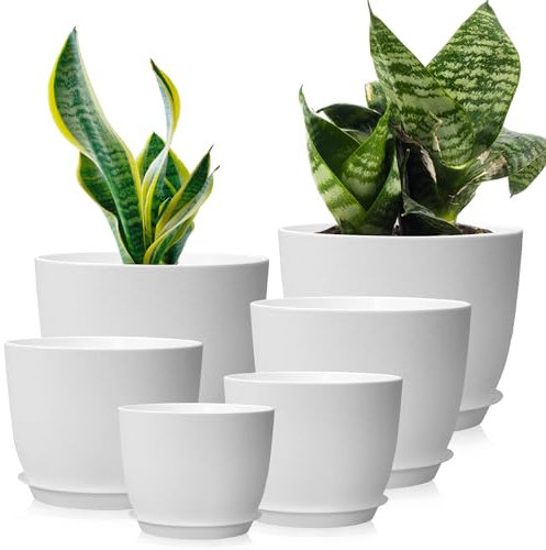 wintfarm Blumentopf, 6Packs Pflanztopf mit Untersetzer, 25/23/20/18/16/13 cm Übertopf, Blumentöpfe mit Entwässerungslöchern und Tabletts,Blumentöpfe Set Ideal für Innen und Balkongärten (Weiß)