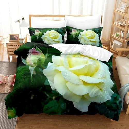 Double Duvet Set Dark Green Roses Fluffy Double Duvet Cover 110g/㎡ Microfiber Bedding Double Bed Set with Zipper + 2 Pillow Cases (19x29) Also as Teenage Home Decor