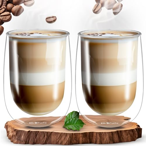 ElbFuchs® Doppelwandige Latte Macchiato Gläser Set [2x 350ml in GASTRO-QUALITÄT] Kristallklare Thermogläser doppelwandig | Ideal als Cappuccino Gläser | Kaffeegläser | Teegläser