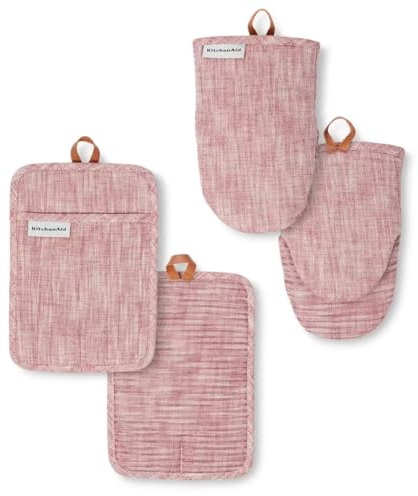 KitchenAid Chambray 4 Pack Pot Holder and Mini Oven Mitt Set Heat Resistent Non-Slip Silicone Grips 100% Cotton (Cherry)