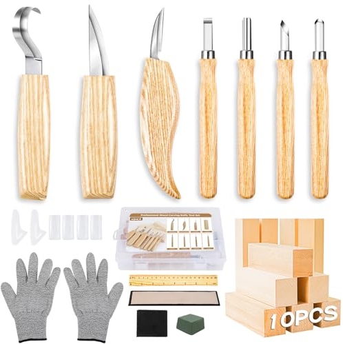 HOMCA Set di Utensili da Intaglio in Legno, 32 pezzi con Guanti Resistenti al Taglio, Pietra per Affilare, Righello, Scatola, Coltelli da Intaglio Legno per Adulti, Bambini, Principianti