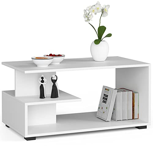 Home Collective Couchtisch weiß mit Stauraum, 90 x 50 x 45 cm (LxBxH), modernes Design, langlebiges Holz