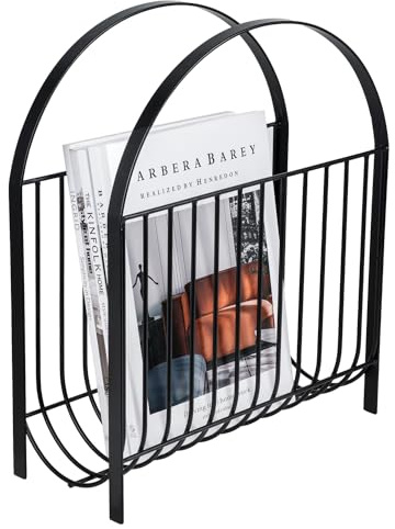 MyGift Deluxe Mid Century Metal Wire Magazine Rack in Matte Black Finish, Tabletop or Floor Standing Sling Basket for Magazines and Newspapers