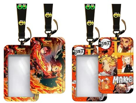 2 Pcs Demon Slayer Porte Badge avec Lanière Tour de Cou, Lanyard avec Porte Cartes, Pour Cartes D'identité Clés Articles Bureau L'école Carte de Bus
