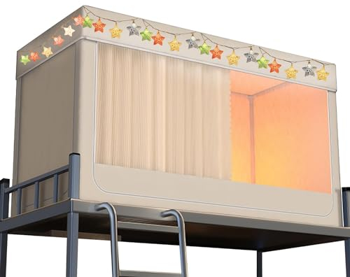 Etagenbett-Himmelbett-Zelt, Twin-Sichtschutzzelt für Etagenbett-Himmelbett-Vorhänge mit Lichtern, Himmelbett-Rahmen, Pfostenstangen, Twin-Top-Etagenbett-Zelt-Baldachin, Beige, 35