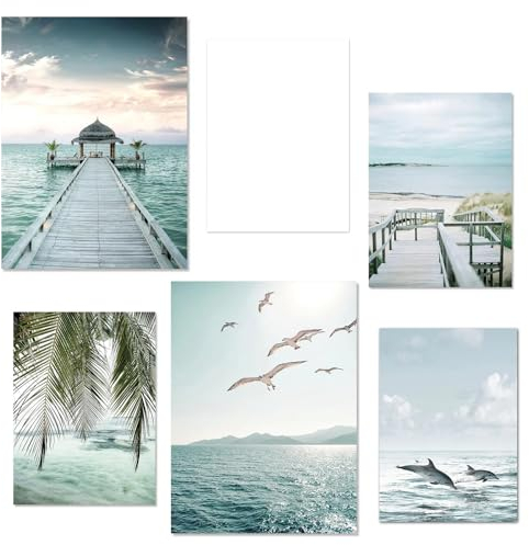 Zfseyuh 6 Premium Poster Set, Strand Poster Set Wandposter ohne Rahmen Meer, Möwen, Delfine, Strandpromenade, Buchstaben, für Wohnzimmer, Esszimmer, Heimdekoration