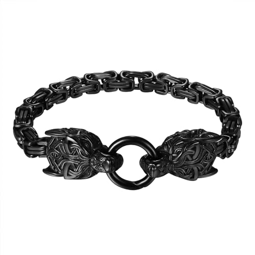 Flongo Wikinger Wolf Herren Armband: Wolfskopf Viking Armkette schwarz Byzantinisches Kettenamulett Edelstahl Herrenarmband Irisch Keltisch Vintage Gothic Norwegisch Königskette für Männer