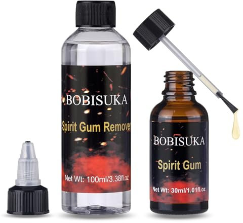 BOBISUKA Spirit Gum 30ml + Dissolvant 100ml, Colle Visage Halloween, Colle pour Visage, Moustache, Prothèses, Maquillage à Effet, Théâtre, Scène