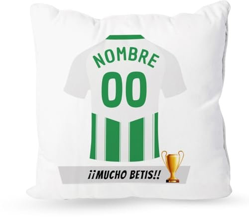 DEREGALOOS Cojín Personalizado con Nombre y Equipo de fútbol. Cojín Personalizado del Betis. Regalo Original para Aficionados fútbol. Regalo fútbol Betis. Puedes incluir Relleno.35x35