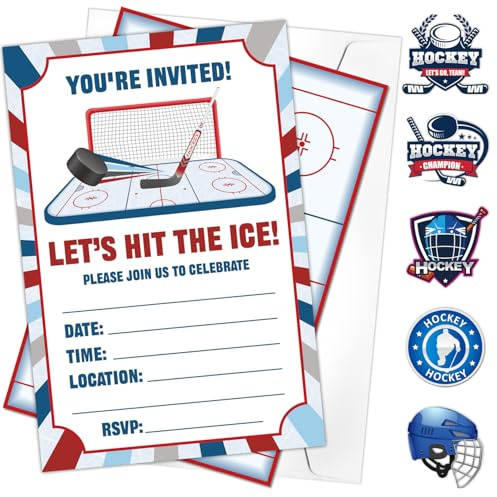 PTECDROTS Hockey-Einladungs-Set mit Umschlägen, Eishockey-Stiker, doppelseitig bedruckte Karten, Geburtstagseinladungen für Kinder, Partygeschenke, Geburtstagsdekorationen, 17 x 12 cm, 20 Stück
