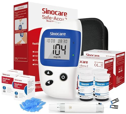 sinocare Medidor Glucosa en Sangre,100 x Kit Prueba Glucosa en Sangre Glucometro Tiras Prueba Dispositivo de Punción, Resultado de Prueba Exacto (Safe-Accu2)