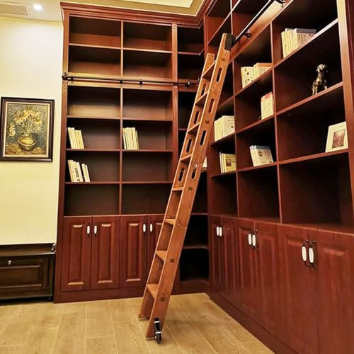 Scala in legno con rotelle, ferramenta scorrevole per biblioteca, binario per scale, rulli per pavimenti con freno, nero (senza scala), sistema di binari per scale mobili ufficio biblioteca soppalco(3