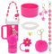 TOEECY Stanley Cup Accessori 7 Pezzi Set Incluse Manico Bottiglia d'Acqua Coperture Cannuccia Custodia in Silicone Portachiavi a Margherita per 30 oz 40 oz Tumbler Coppe Non Incluse (Rosa scuro)