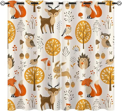 ZZTBQ Cartoon Tier Blickdichter Vorhänge Mit Ösen Kawaii Nette Cartoon Ösen Gardinen Wärmegedämmt Wald Fuchs Eule REH Kaninchen Igel 280x175cm Für Jungen Mädchen Kinder Schlafzimmer