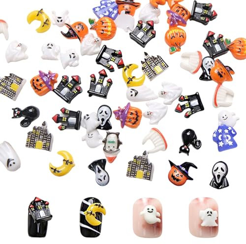 Halloween Nail Charms,100pcs Flatback Ghost Pumpkin Skull Cat Nail Art Charms,Resin Nail Gems Nail Art Decorations Supplies for Nail Design DIY Crafting Jewelry Making