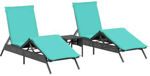 vidaXL Sonnenliegen 2 STK., Sonnenliege mit Tisch Kissen, Relaxliege für Garten Terrasse, Gartenliege Sonnenbett, Schwarz Poly Rattan