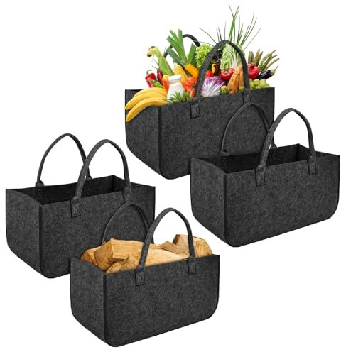 FIVMEN 4 Stück Filztasche Faltbar Filzkorb Holzkorb mit Griffen Kaminholzkorb Brennholzkorb Shopper für Kaminholz Brennholz, 50x25x25 cm, Dunkelgrau