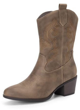 DREAM PAIRS Mid Calf Cowboy Cowgirl Boots for Women | 2.2 Cuban heel, intricate embroidery, TPR, 4mm latex, year-round