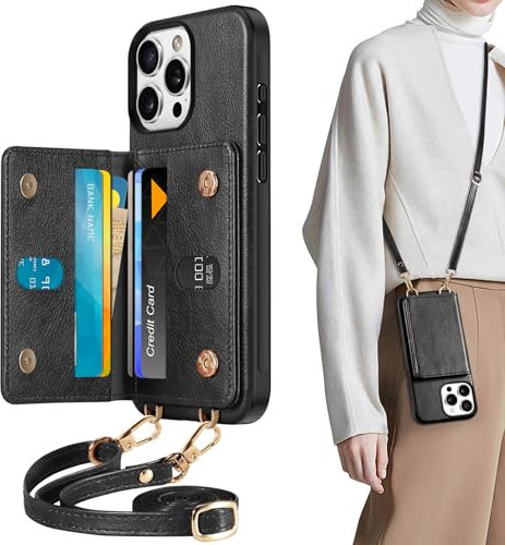 TUCCH Coque Cuir Synthétique pour iPhone 16 Pro Max (6,9), [Détachable Cordon Bandoulière] Etui Portefeuille [6 Fentes Cartes] [RFID Blocage] Fermeture Magnétique Antichoc Protection - Noir Texturé