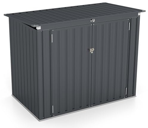 GOPLUS 1,51m² Abris de Jardin en Métal Galvanisé Extérieur, Cache Poubelle, Résistant aux Intempérie,Couvercle Relevable, 2 Portes Verrouillable, Structure Renforcée, 1,97m³,172x100x129cm (Gris)
