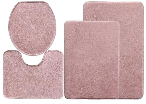 Heavyoff Badezimmerteppich Set 4 Teilig, Weiche Mikrofaser Badezimmermatte und WC Vorleger, rutschfeste Badematte, Waschbar Badvorleger Set für Dusche, Rosa