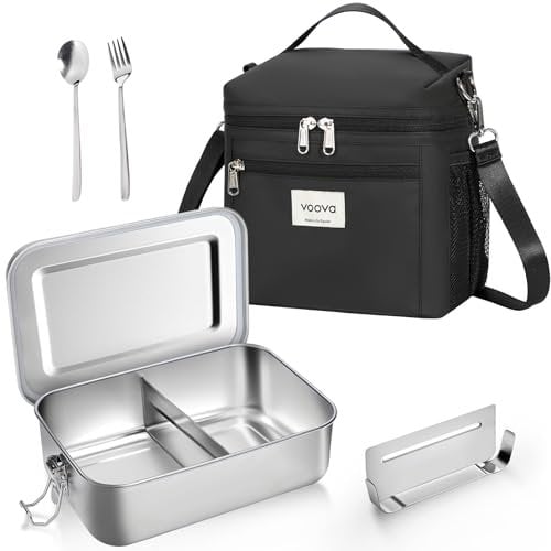Voova Stainless Steel Lunch Box with Insulated Lunch Bag、Spoon & Fork for Adult Kids, 1200ml Metal Lunch Box with Spare Seal & Movable Divider, Metal Bento Boxes for Travel Work Women Men Black