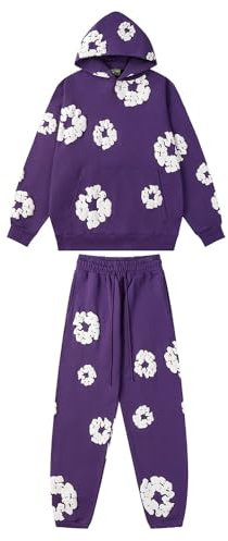 QNHHERNT Denim Tears Tuta Sportiva con Cappuccio da Uomo E da Donna, Tuta Jogging Sportiva Set con Stampa in Schiuma, Felpe E Pantaloni Streetwear Hip Hop Y2K (Purple,S)